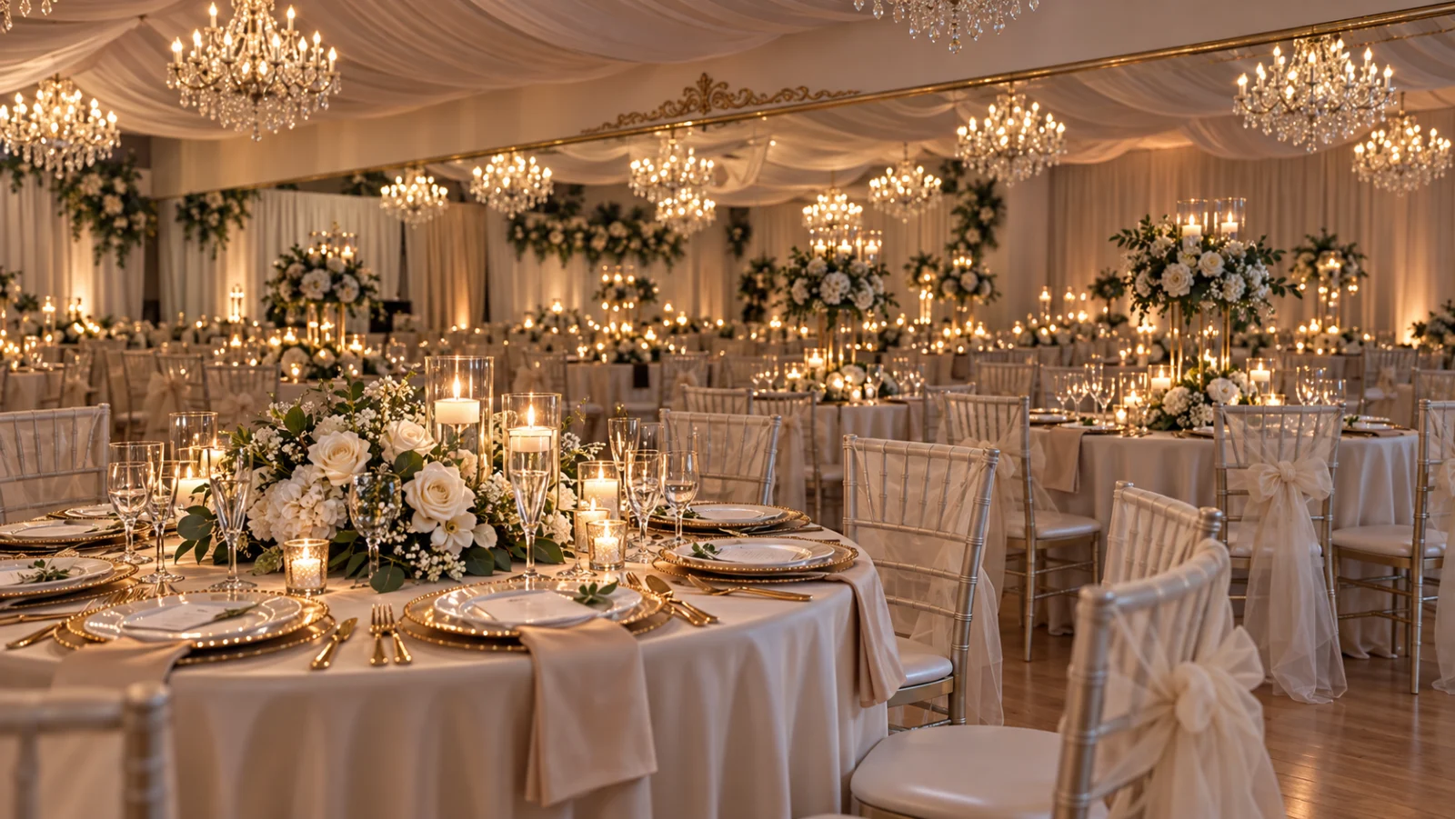 Ivory and gold wedding reception with candlelit tables beneath Nencini Ballroom chandeliers