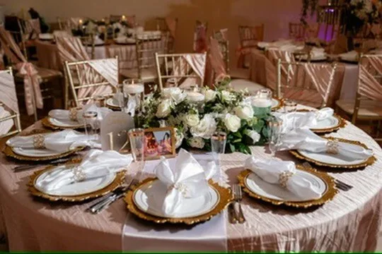 Round guest table with white floral centerpiece, gold chargers, folded napkins, and family photo detail at Nencini Ballroom